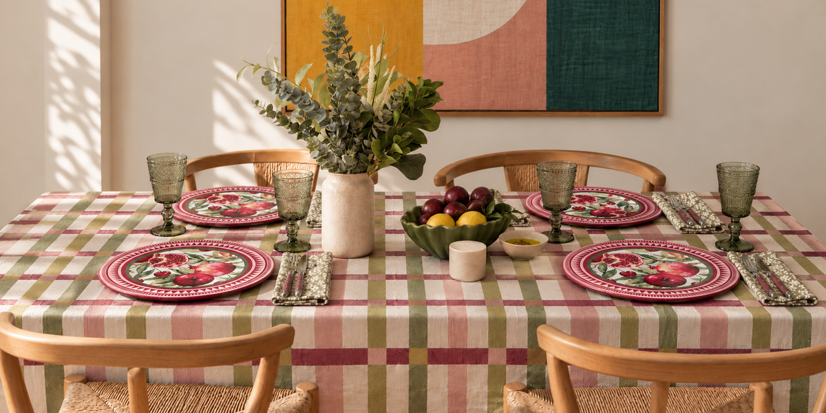 Mesa puesta con mantel a cuadros, servilletas e individuales de Lyra Estudio