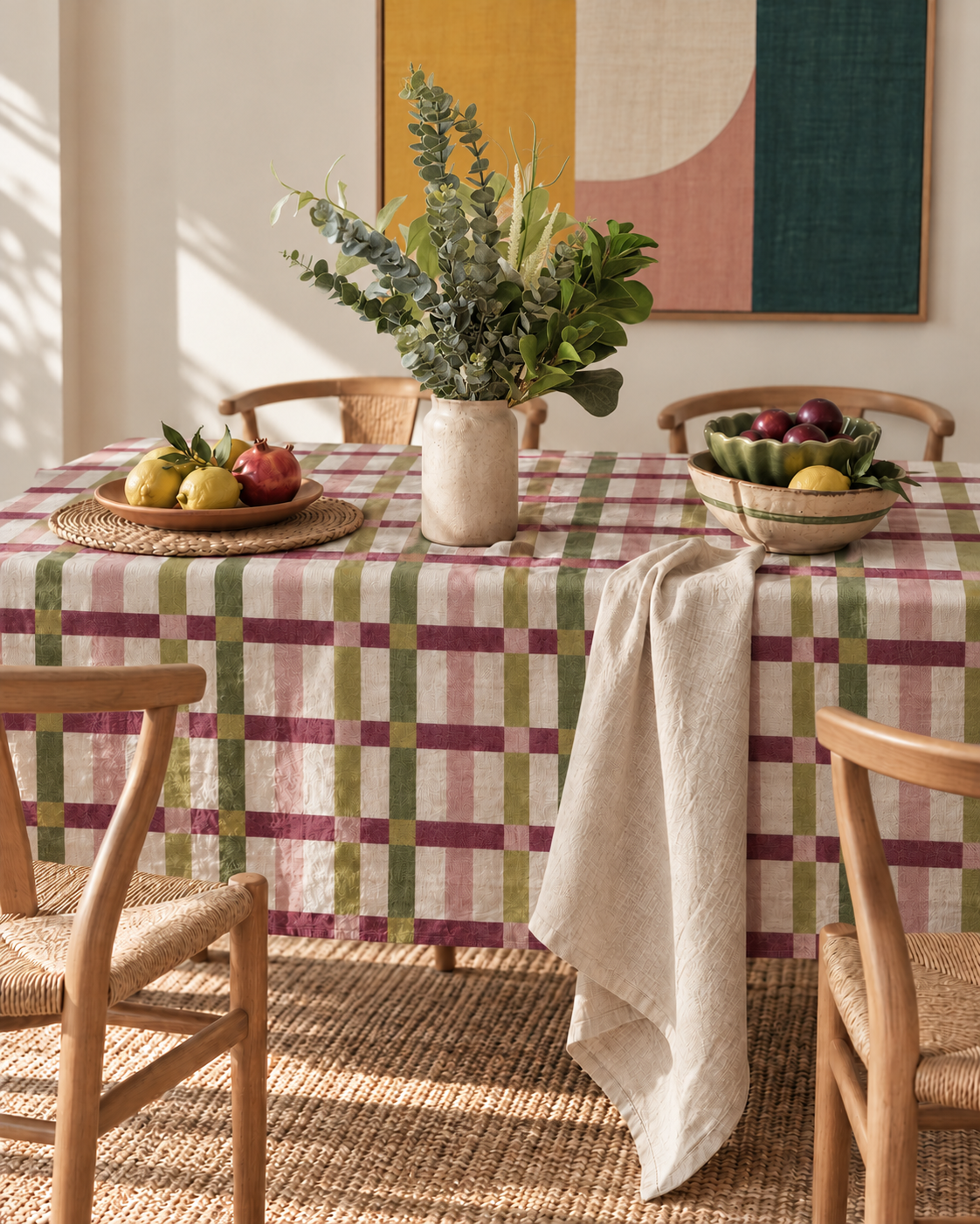 Mantel La Campiña sobre mesa de comedor con flores y frutas